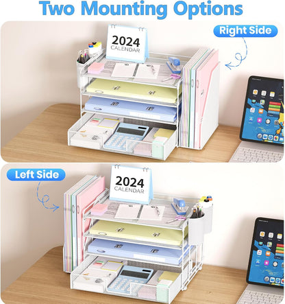 Desk Organizers and Accessories, 4-Tier Desktop File Organizer with Drawer and Pen Holders, Office Desk Accessories Workspace Organizers for Office Supplies (Gold)