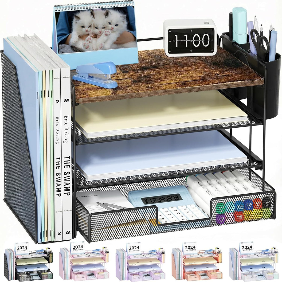 Desk Organizers and Accessories, 4-Tier Desktop File Organizer with Drawer and Pen Holders, Office Desk Accessories Workspace Organizers for Office Supplies (Gold)