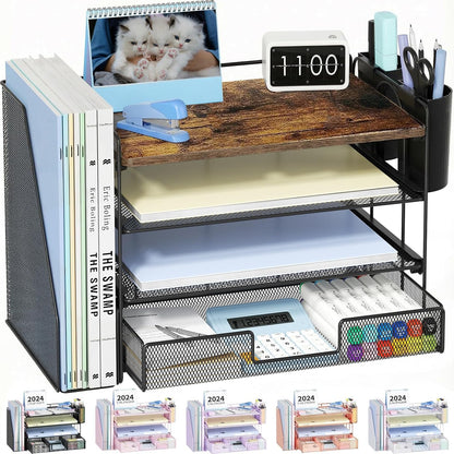 Desk Organizers and Accessories, 4-Tier Desktop File Organizer with Drawer and Pen Holders, Office Desk Accessories Workspace Organizers for Office Supplies (Gold)