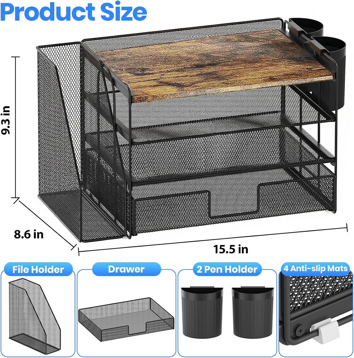Desk Organizers and Accessories, 4-Tier Desktop File Organizer with Drawer and Pen Holders, Office Desk Accessories Workspace Organizers for Office Supplies (Gold)