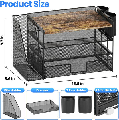 Desk Organizers and Accessories, 4-Tier Desktop File Organizer with Drawer and Pen Holders, Office Desk Accessories Workspace Organizers for Office Supplies (Gold)