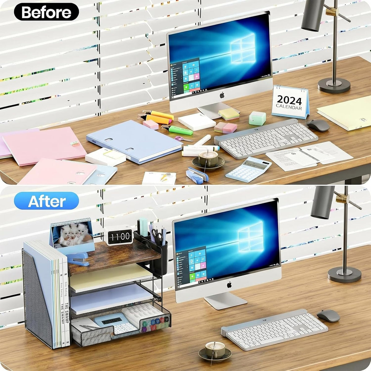 Desk Organizers and Accessories, 4-Tier Desktop File Organizer with Drawer and Pen Holders, Office Desk Accessories Workspace Organizers for Office Supplies (Gold)