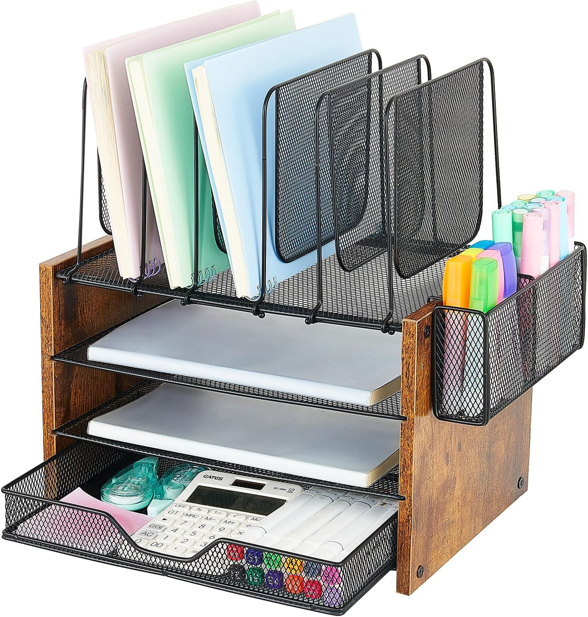 Desk Organizers and Accessories, 4-Tier Desktop File Organizer with Drawer and Pen Holders, Office Desk Accessories Workspace Organizers for Office Supplies (Gold)