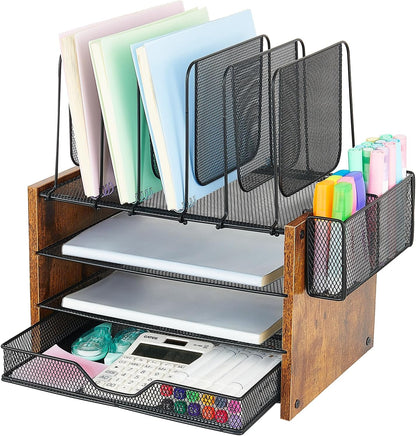Desk Organizers and Accessories, 4-Tier Desktop File Organizer with Drawer and Pen Holders, Office Desk Accessories Workspace Organizers for Office Supplies (Gold)