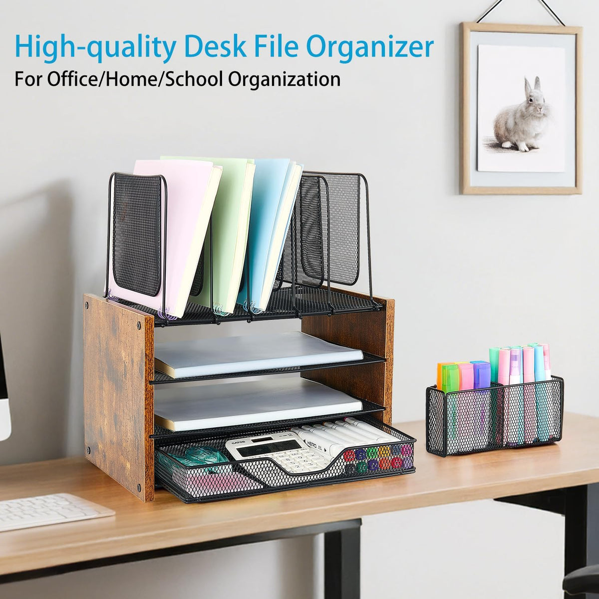 Desk Organizers and Accessories, 4-Tier Desktop File Organizer with Drawer and Pen Holders, Office Desk Accessories Workspace Organizers for Office Supplies (Gold)