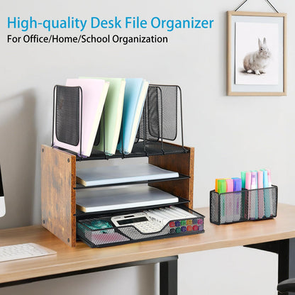Desk Organizers and Accessories, 4-Tier Desktop File Organizer with Drawer and Pen Holders, Office Desk Accessories Workspace Organizers for Office Supplies (Gold)