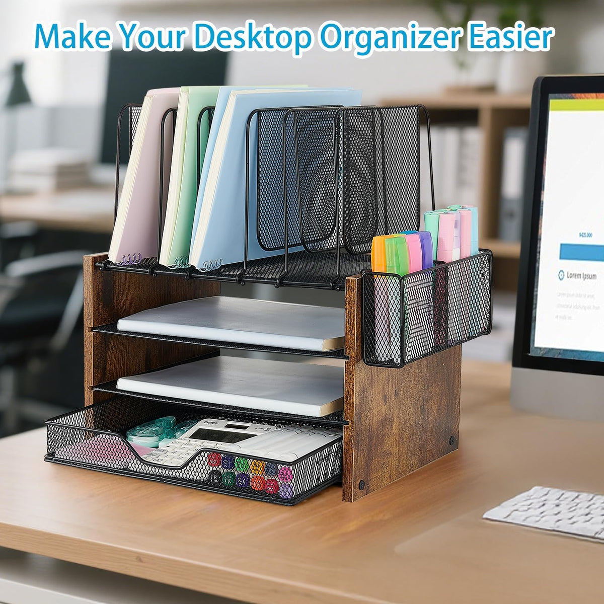 Desk Organizers and Accessories, 4-Tier Desktop File Organizer with Drawer and Pen Holders, Office Desk Accessories Workspace Organizers for Office Supplies (Gold)