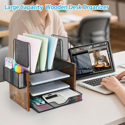 Desk Organizers and Accessories, 4-Tier Desktop File Organizer with Drawer and Pen Holders, Office Desk Accessories Workspace Organizers for Office Supplies (Gold)