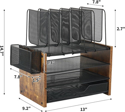Desk Organizers and Accessories, 4-Tier Desktop File Organizer with Drawer and Pen Holders, Office Desk Accessories Workspace Organizers for Office Supplies (Gold)