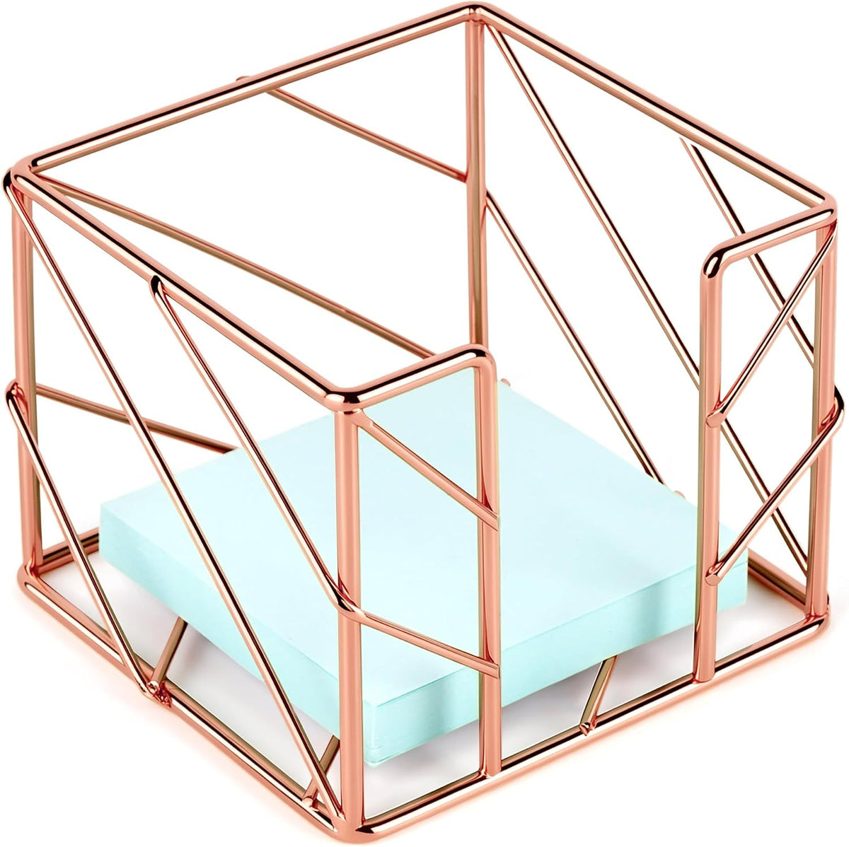 Rose Gold Geometric Sticky Note & Memo Cube Holder, Post Note Dispenser & Desk Organizer Metal Wire for Home, School, Office Supplies (Holder Only)