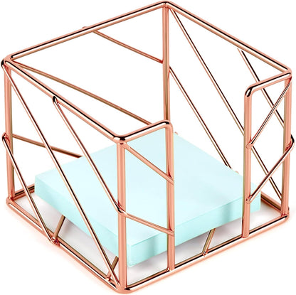 Rose Gold Geometric Sticky Note & Memo Cube Holder, Post Note Dispenser & Desk Organizer Metal Wire for Home, School, Office Supplies (Holder Only)