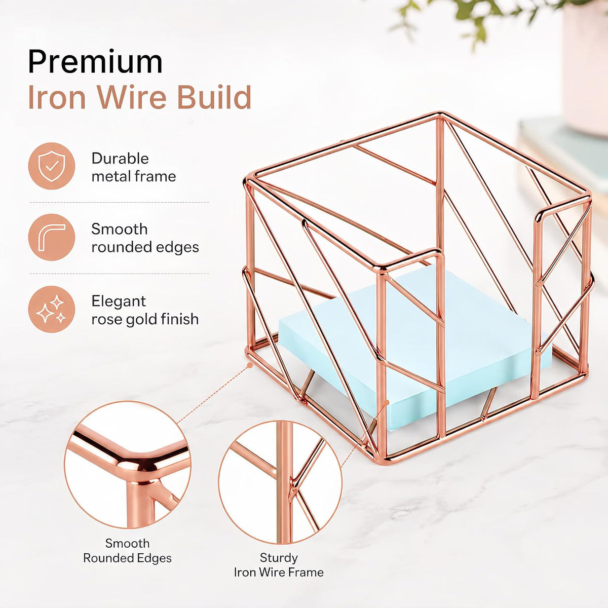 Rose Gold Geometric Sticky Note & Memo Cube Holder, Post Note Dispenser & Desk Organizer Metal Wire for Home, School, Office Supplies (Holder Only)