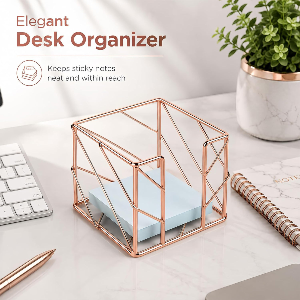 Rose Gold Geometric Sticky Note & Memo Cube Holder, Post Note Dispenser & Desk Organizer Metal Wire for Home, School, Office Supplies (Holder Only)