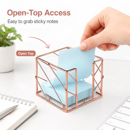 Rose Gold Geometric Sticky Note & Memo Cube Holder, Post Note Dispenser & Desk Organizer Metal Wire for Home, School, Office Supplies (Holder Only)