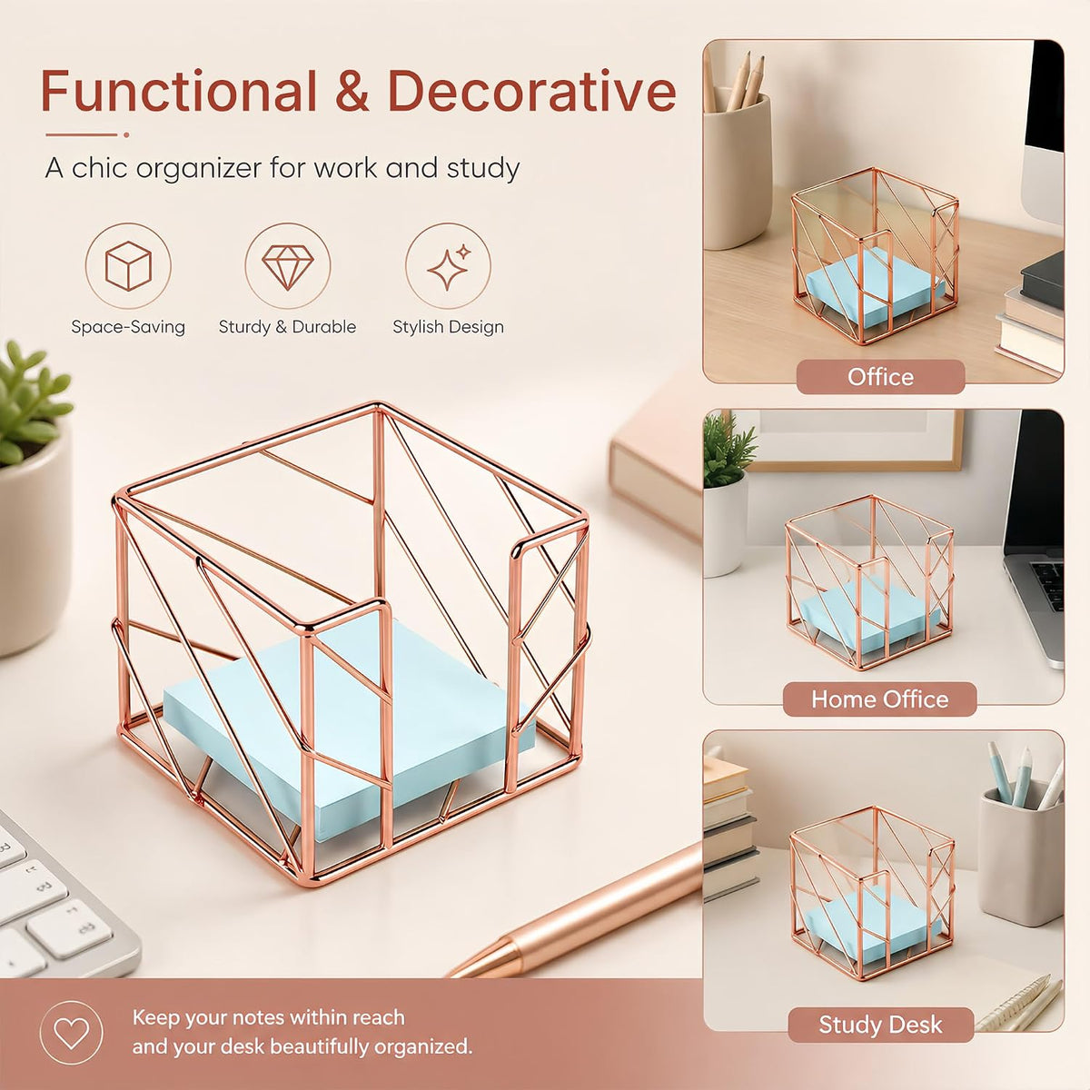 Rose Gold Geometric Sticky Note & Memo Cube Holder, Post Note Dispenser & Desk Organizer Metal Wire for Home, School, Office Supplies (Holder Only)