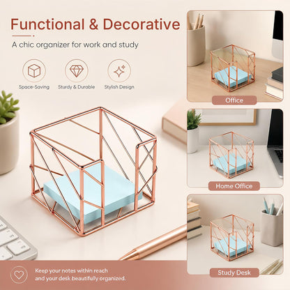 Rose Gold Geometric Sticky Note & Memo Cube Holder, Post Note Dispenser & Desk Organizer Metal Wire for Home, School, Office Supplies (Holder Only)