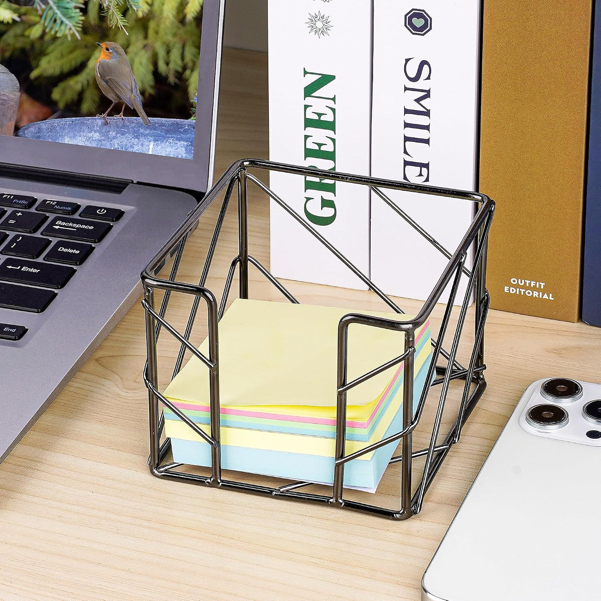 Rose Gold Geometric Sticky Note & Memo Cube Holder, Post Note Dispenser & Desk Organizer Metal Wire for Home, School, Office Supplies (Holder Only)