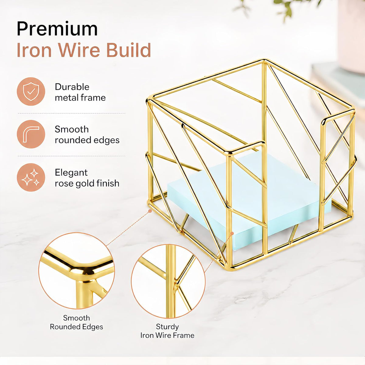 Rose Gold Geometric Sticky Note & Memo Cube Holder, Post Note Dispenser & Desk Organizer Metal Wire for Home, School, Office Supplies (Holder Only)