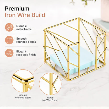 Rose Gold Geometric Sticky Note & Memo Cube Holder, Post Note Dispenser & Desk Organizer Metal Wire for Home, School, Office Supplies (Holder Only)