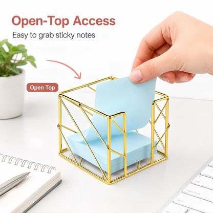 Rose Gold Geometric Sticky Note & Memo Cube Holder, Post Note Dispenser & Desk Organizer Metal Wire for Home, School, Office Supplies (Holder Only)