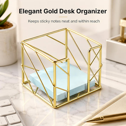 Rose Gold Geometric Sticky Note & Memo Cube Holder, Post Note Dispenser & Desk Organizer Metal Wire for Home, School, Office Supplies (Holder Only)
