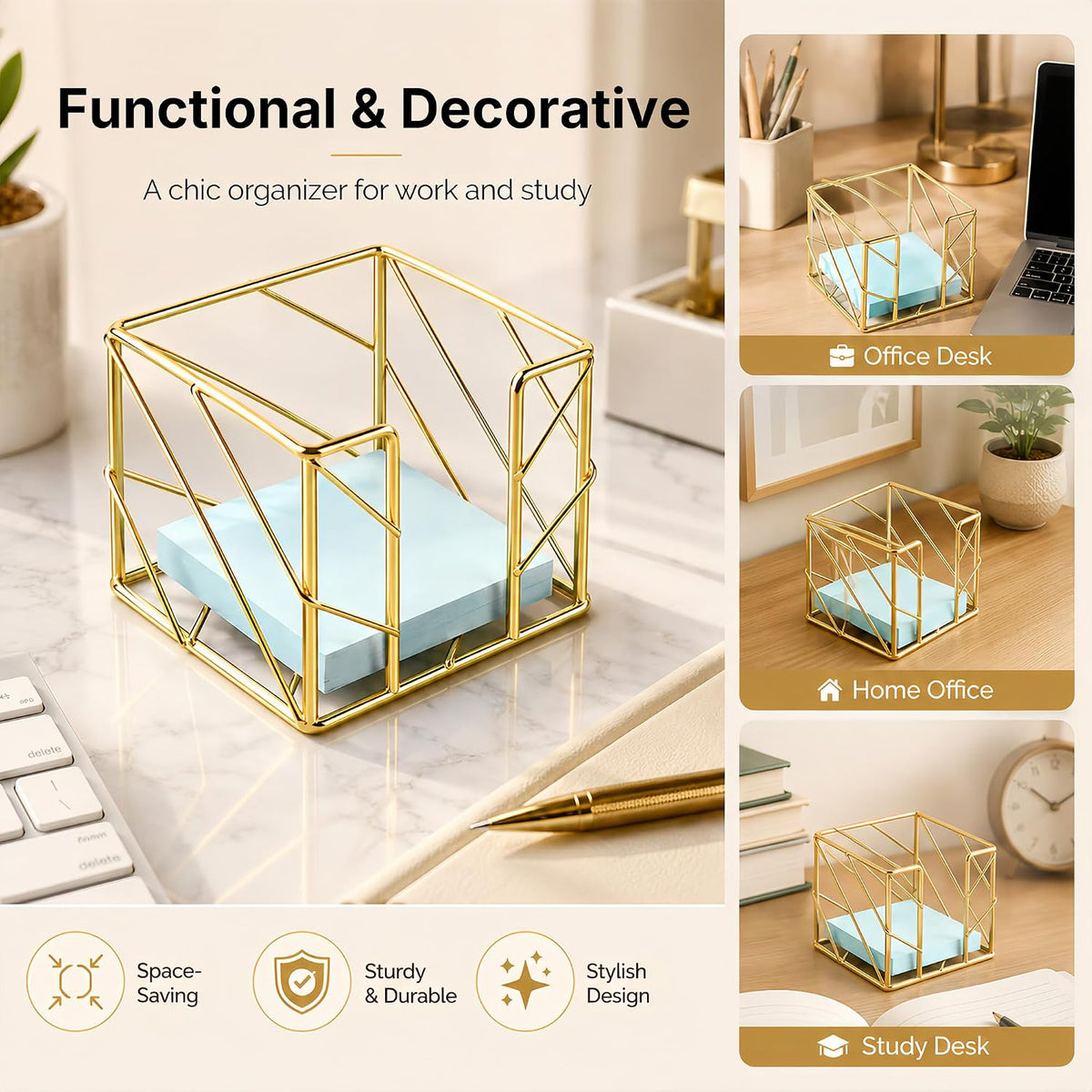 Rose Gold Geometric Sticky Note & Memo Cube Holder, Post Note Dispenser & Desk Organizer Metal Wire for Home, School, Office Supplies (Holder Only)