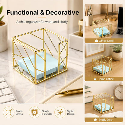 Rose Gold Geometric Sticky Note & Memo Cube Holder, Post Note Dispenser & Desk Organizer Metal Wire for Home, School, Office Supplies (Holder Only)