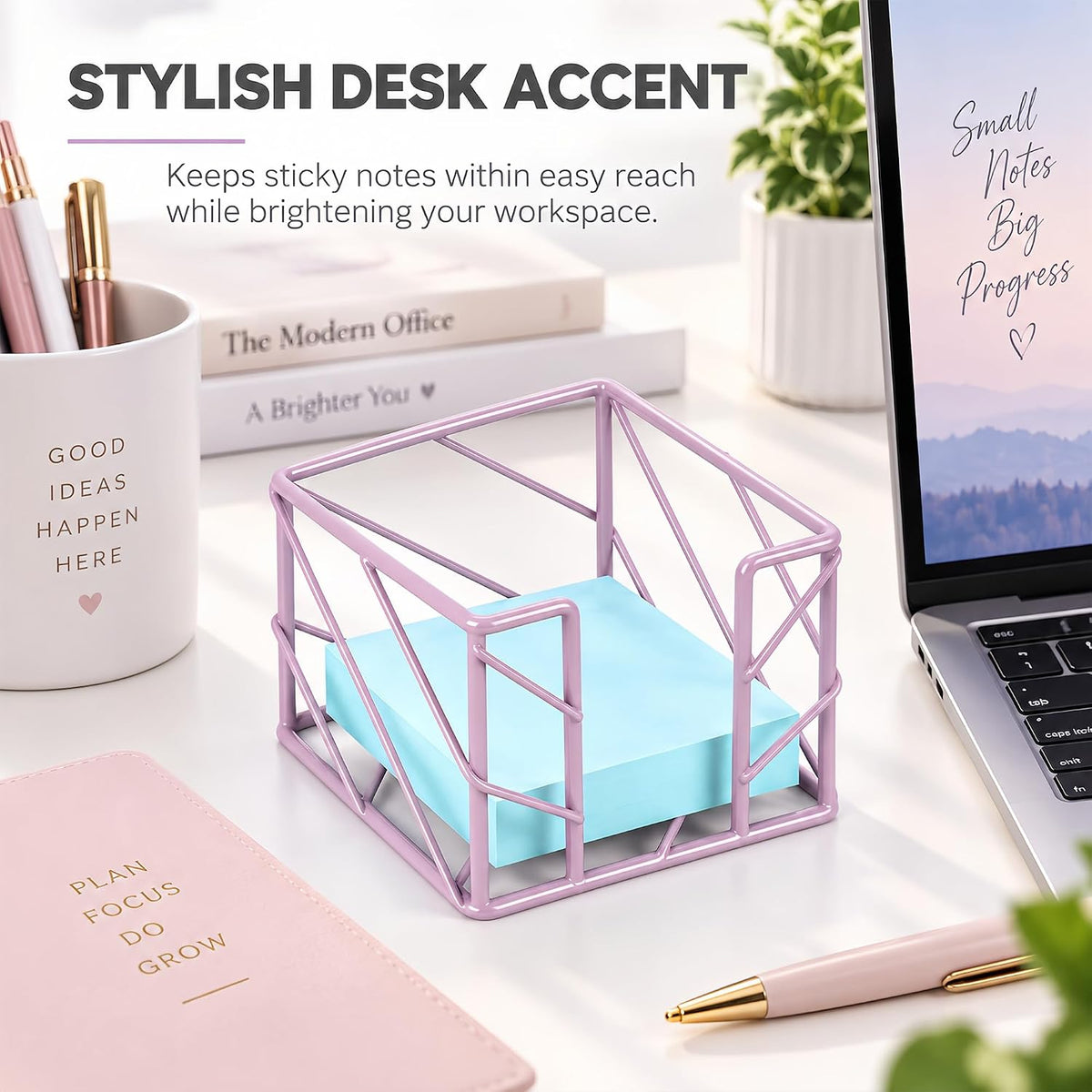 Rose Gold Geometric Sticky Note & Memo Cube Holder, Post Note Dispenser & Desk Organizer Metal Wire for Home, School, Office Supplies (Holder Only)
