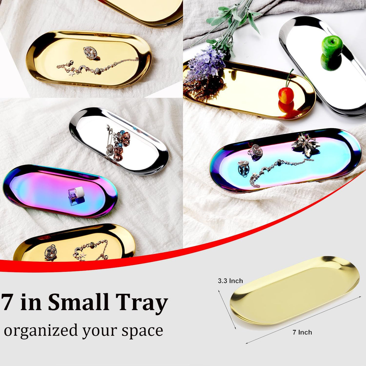 Stainless Steel Decorative Tray, Set of 2, 7 Inch Long, Jewelry Dish Cosmetics Organizer Bathroom Clutter Serving Platter Small Storage Tray, Oval, Gold