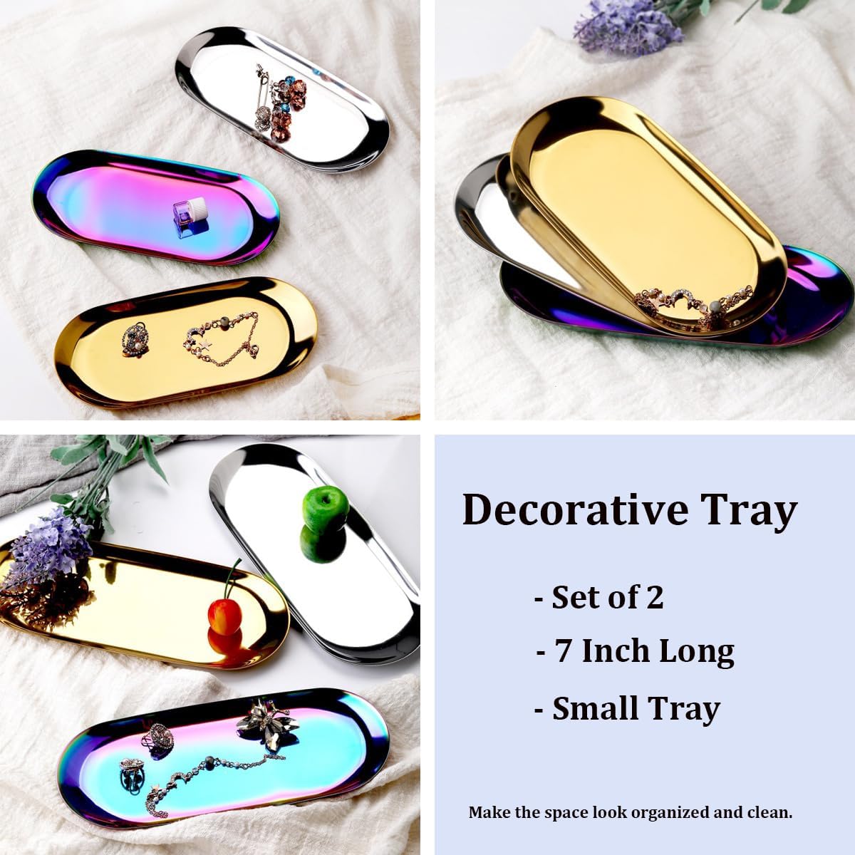 Stainless Steel Decorative Tray, Set of 2, 7 Inch Long, Jewelry Dish Cosmetics Organizer Bathroom Clutter Serving Platter Small Storage Tray, Oval, Gold