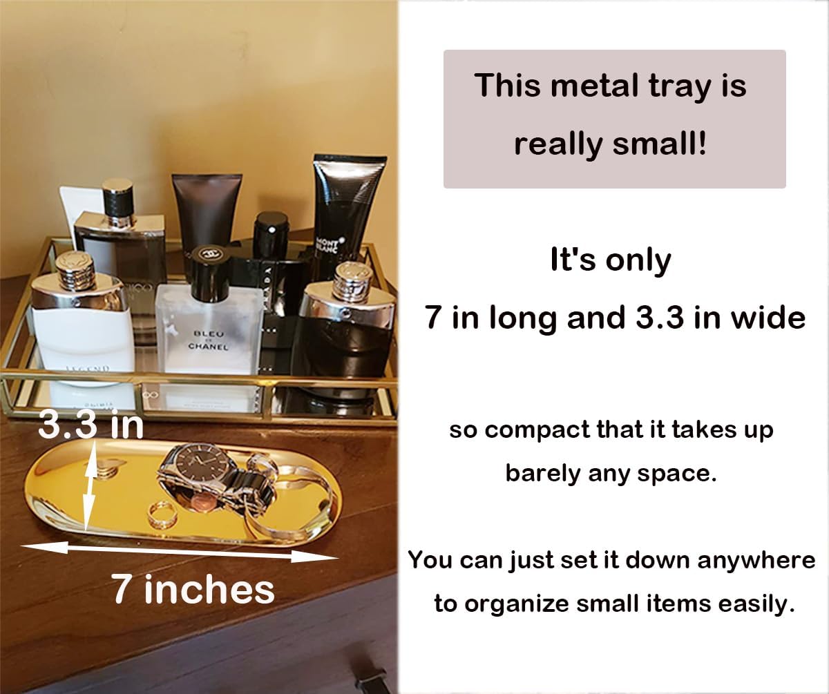 Stainless Steel Decorative Tray, Set of 2, 7 Inch Long, Jewelry Dish Cosmetics Organizer Bathroom Clutter Serving Platter Small Storage Tray, Oval, Gold
