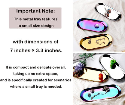 Stainless Steel Decorative Tray, Set of 2, 7 Inch Long, Jewelry Dish Cosmetics Organizer Bathroom Clutter Serving Platter Small Storage Tray, Oval, Gold