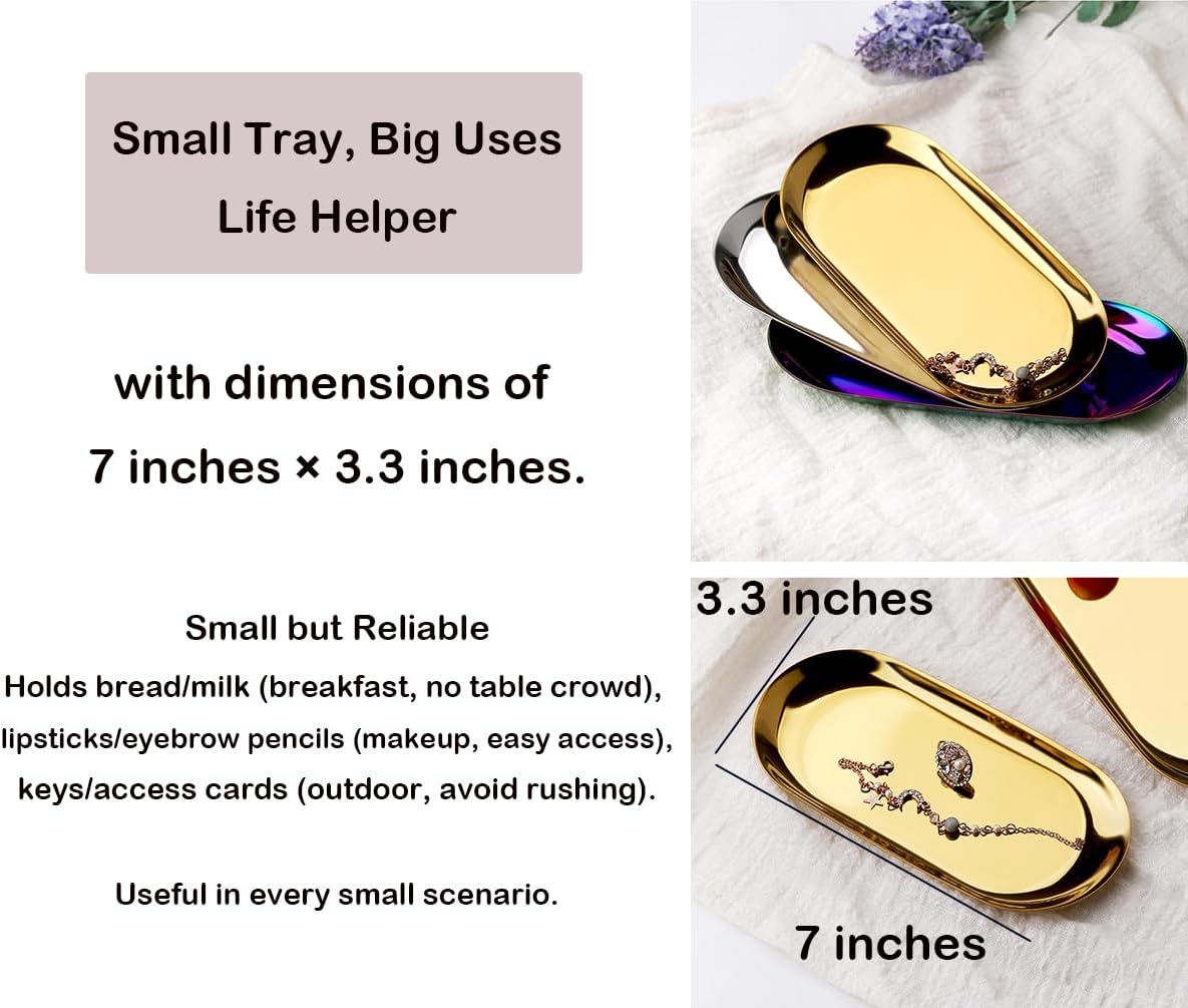 Stainless Steel Decorative Tray, Set of 2, 7 Inch Long, Jewelry Dish Cosmetics Organizer Bathroom Clutter Serving Platter Small Storage Tray, Oval, Gold