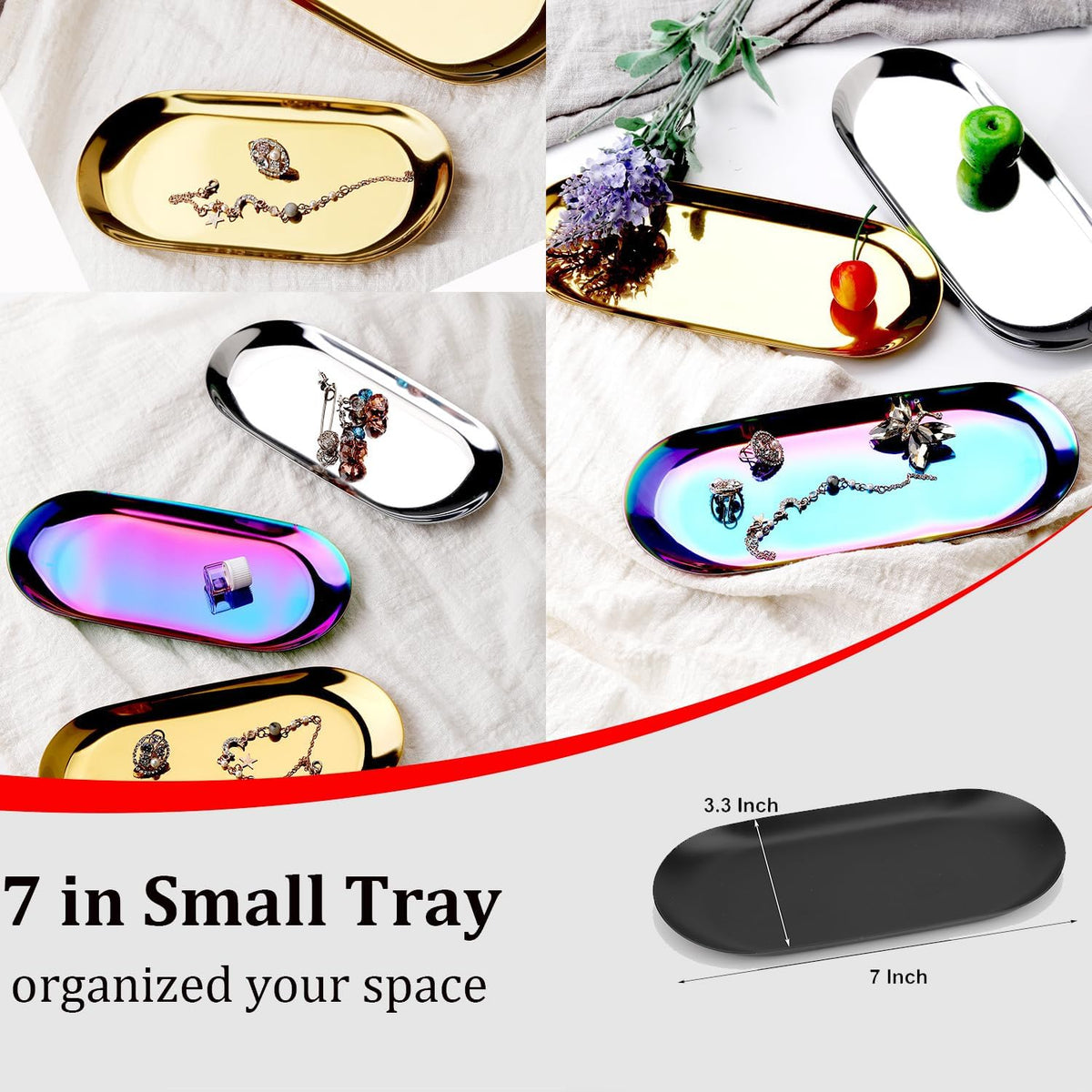 Stainless Steel Decorative Tray, Set of 2, 7 Inch Long, Jewelry Dish Cosmetics Organizer Bathroom Clutter Serving Platter Small Storage Tray, Oval, Gold