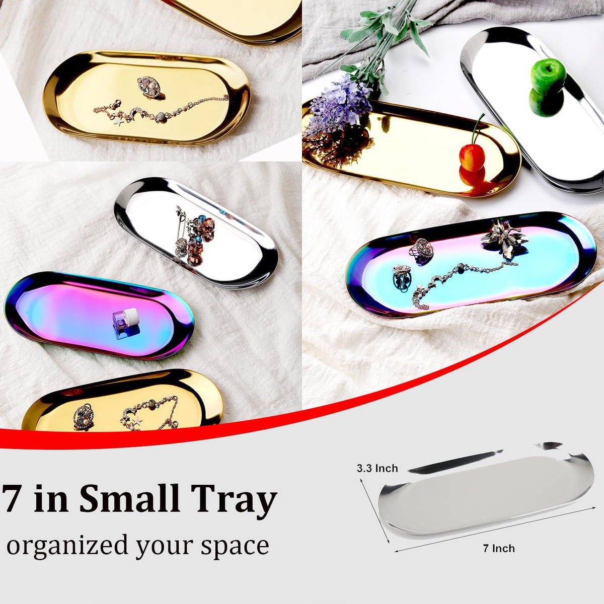 Stainless Steel Decorative Tray, Set of 2, 7 Inch Long, Jewelry Dish Cosmetics Organizer Bathroom Clutter Serving Platter Small Storage Tray, Oval, Gold