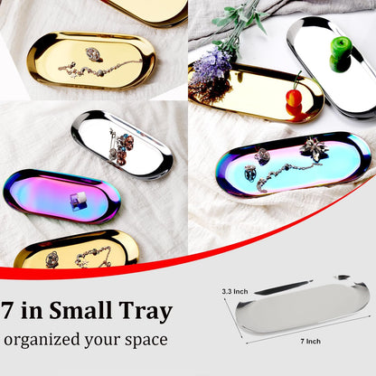 Stainless Steel Decorative Tray, Set of 2, 7 Inch Long, Jewelry Dish Cosmetics Organizer Bathroom Clutter Serving Platter Small Storage Tray, Oval, Gold