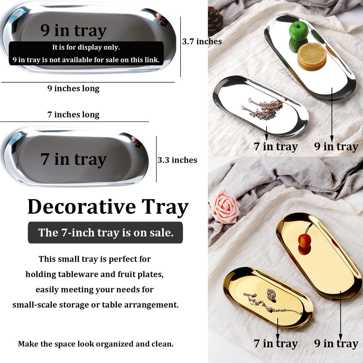 Stainless Steel Decorative Tray, Set of 2, 7 Inch Long, Jewelry Dish Cosmetics Organizer Bathroom Clutter Serving Platter Small Storage Tray, Oval, Gold