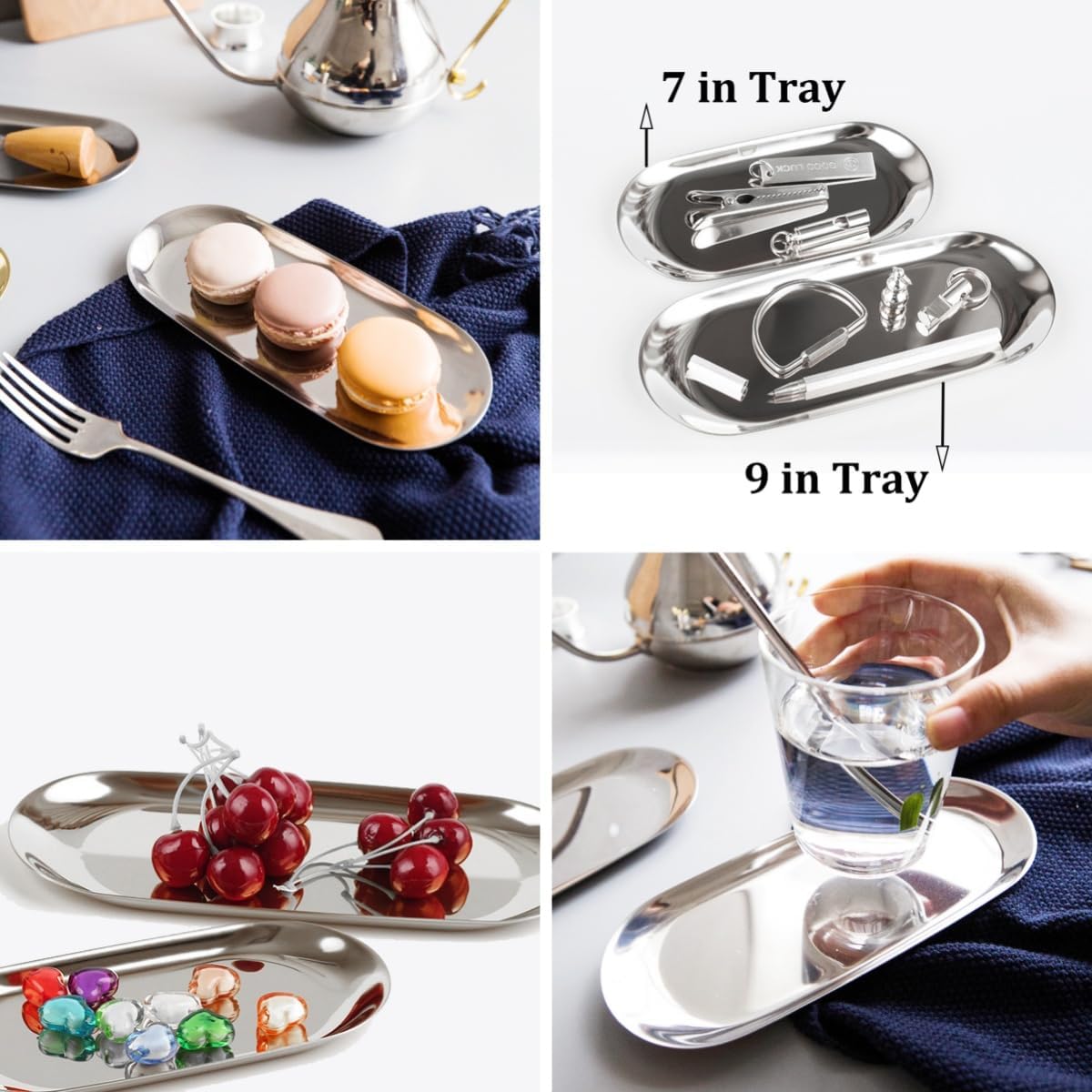 Stainless Steel Decorative Tray, Set of 2, 7 Inch Long, Jewelry Dish Cosmetics Organizer Bathroom Clutter Serving Platter Small Storage Tray, Oval, Gold