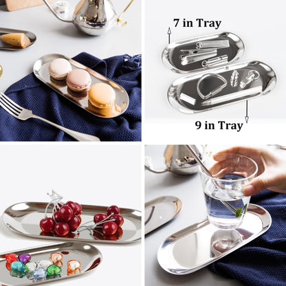 Stainless Steel Decorative Tray, Set of 2, 7 Inch Long, Jewelry Dish Cosmetics Organizer Bathroom Clutter Serving Platter Small Storage Tray, Oval, Gold