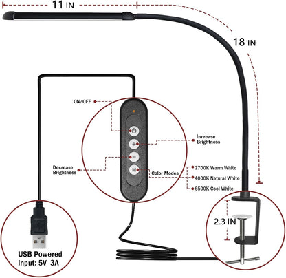12W LED Desk Lamp with Clamp, Flexible Gooseneck for Home Office