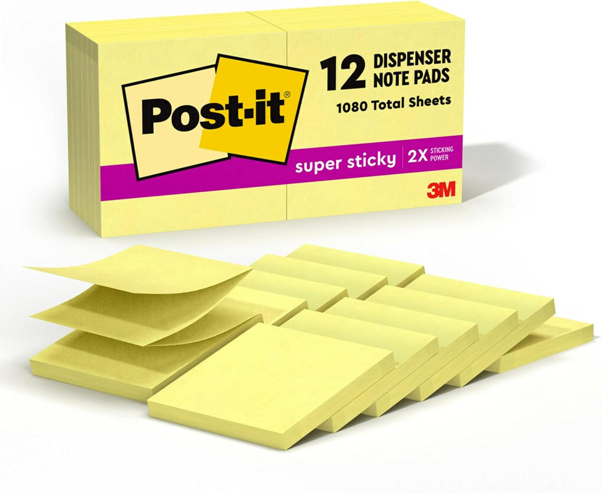 Super Sticky Dispenser Notes, 3 x 3 in, Canary Yellow, 12 Pads