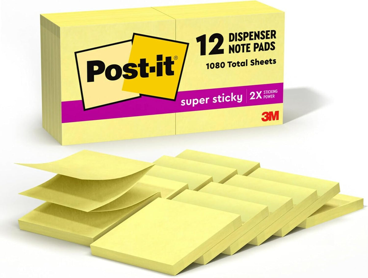 Super Sticky Dispenser Notes, 3 x 3 in, Canary Yellow, 12 Pads