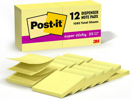 Super Sticky Dispenser Notes, 3 x 3 in, Canary Yellow, 12 Pads