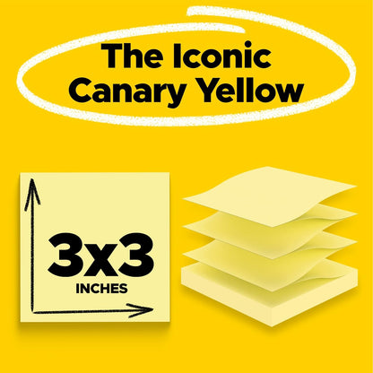 Super Sticky Dispenser Notes, 3 x 3 in, Canary Yellow, 12 Pads