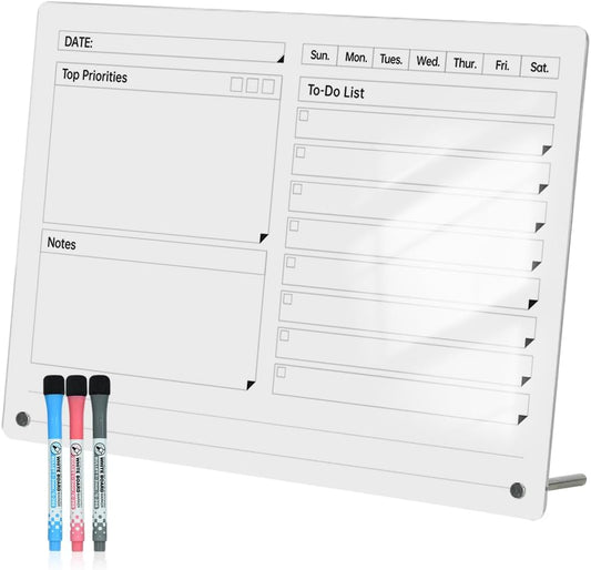 Acrylic Dry Erase to-Do List Board with Top Priorities Notes, 9x13 Desktop Whiteboard Planner with Stand, Daily Task Organizer for Office/Home/School, Includes 3 Dry Erase Markers (White)