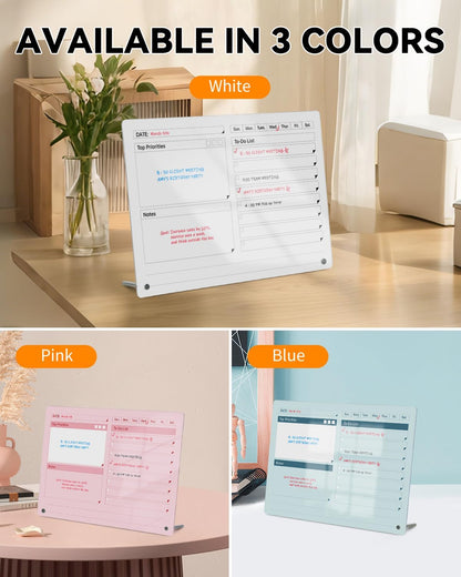 Acrylic Dry Erase to-Do List Board with Top Priorities Notes, 9x13 Desktop Whiteboard Planner with Stand, Daily Task Organizer for Office/Home/School, Includes 3 Dry Erase Markers (White)