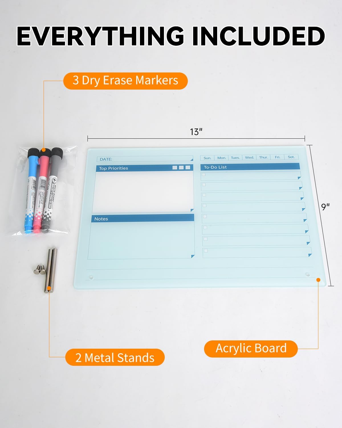 Acrylic Dry Erase to-Do List Board with Top Priorities Notes, 9x13 Desktop Whiteboard Planner with Stand, Daily Task Organizer for Office/Home/School, Includes 3 Dry Erase Markers (White)