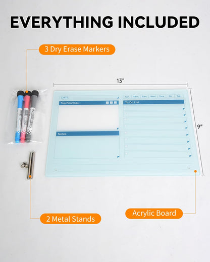 Acrylic Dry Erase to-Do List Board with Top Priorities Notes, 9x13 Desktop Whiteboard Planner with Stand, Daily Task Organizer for Office/Home/School, Includes 3 Dry Erase Markers (White)