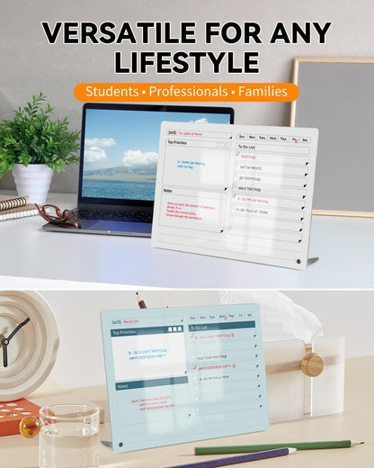 Acrylic Dry Erase to-Do List Board with Top Priorities Notes, 9x13 Desktop Whiteboard Planner with Stand, Daily Task Organizer for Office/Home/School, Includes 3 Dry Erase Markers (White)