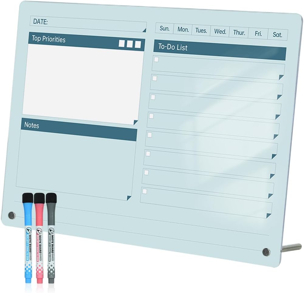 Acrylic Dry Erase to-Do List Board with Top Priorities Notes, 9x13 Desktop Whiteboard Planner with Stand, Daily Task Organizer for Office/Home/School, Includes 3 Dry Erase Markers (White)